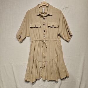 Grace + Karma Linen Shirt Dress Button Front Tassel Tie Size L Boho Casual Mini